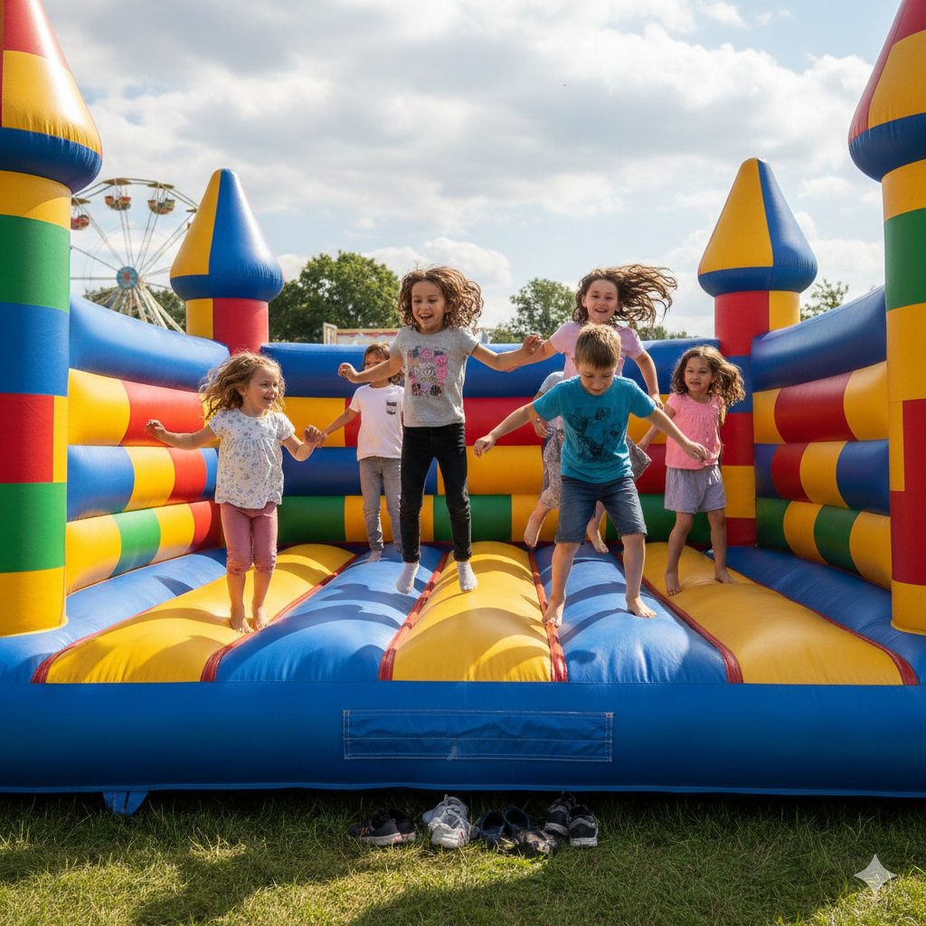 Kinder hüpfen fröhlich in Hüpfburg